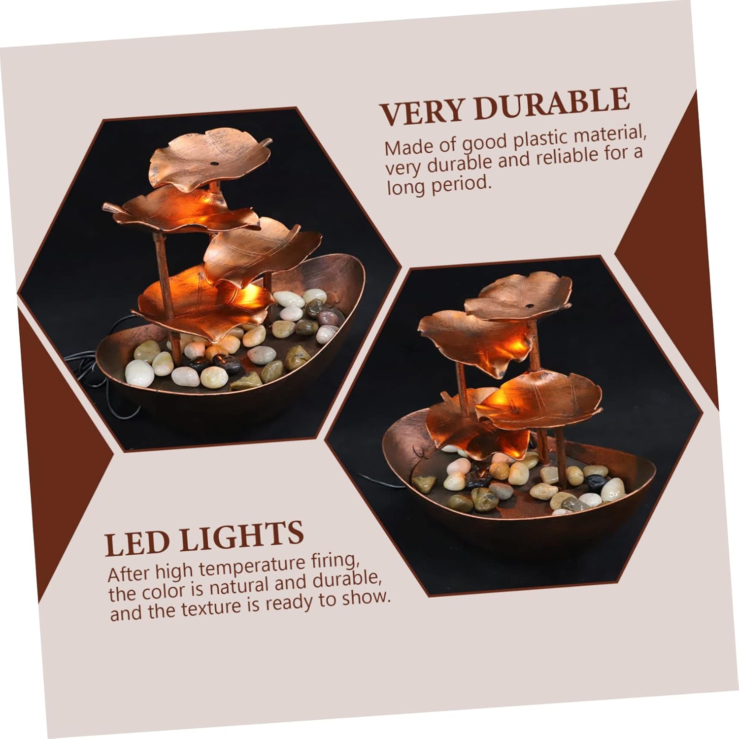 Creative Desktop Lotus Leaf Waterfall Fountain Indoor Tabletop Landscape Ornament with LED Night Light Plastic Home Decoration for Living and Office Atmosphere