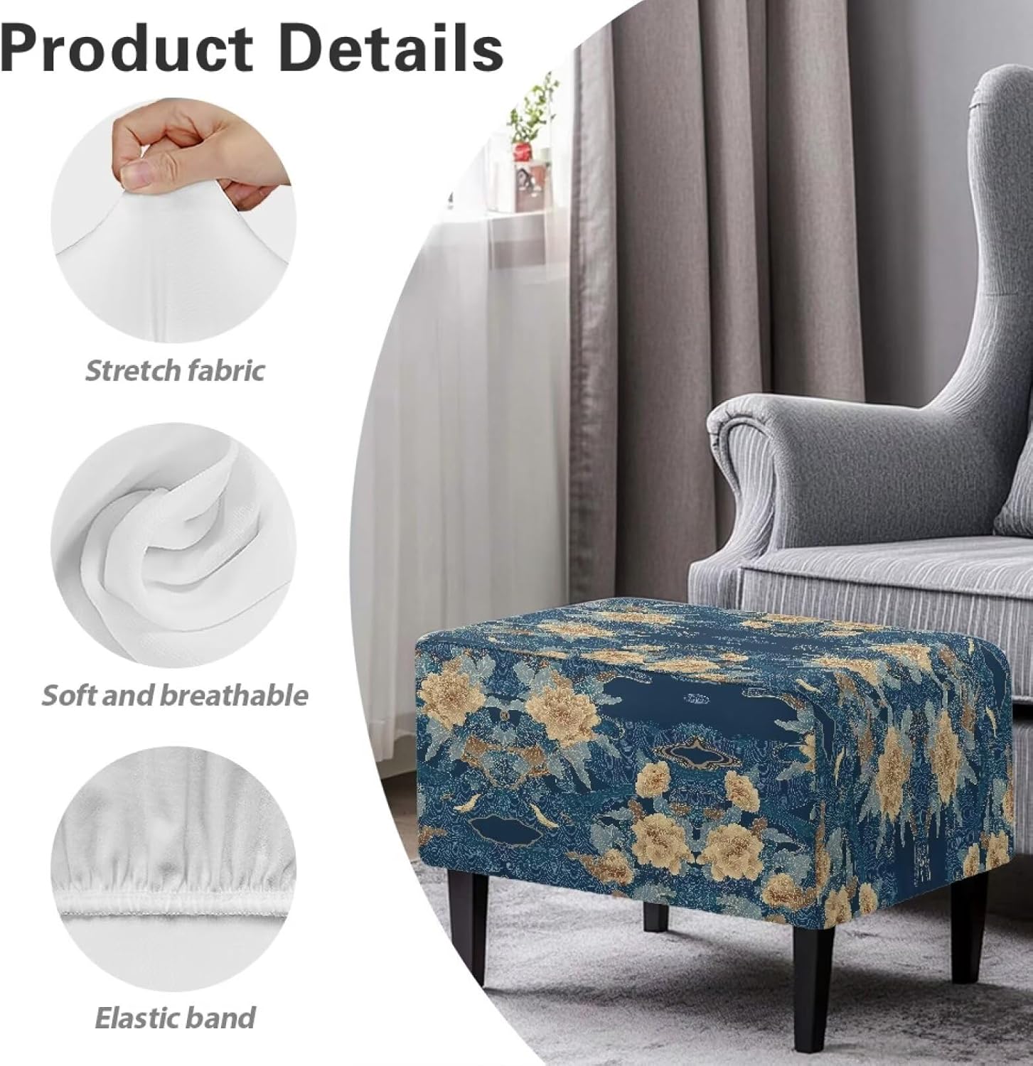 Floral Patterns Ottoman Cover High Stretch Folding Storage Footstool Protector Rectangle Removable Slipcover for Living Room-L