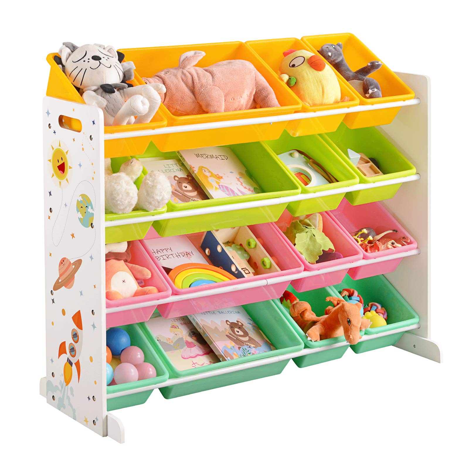 SONGMICS Meuble de Rangement Enfant, Organisateur Jouets 4 Niveaux, Étagère avec 16 Bacs en Plastique, pour Chambre d'enfant, Salle de Jeux, Salon, Jaune, Vert Citron, Rose, Vert Menthe GKR070W01