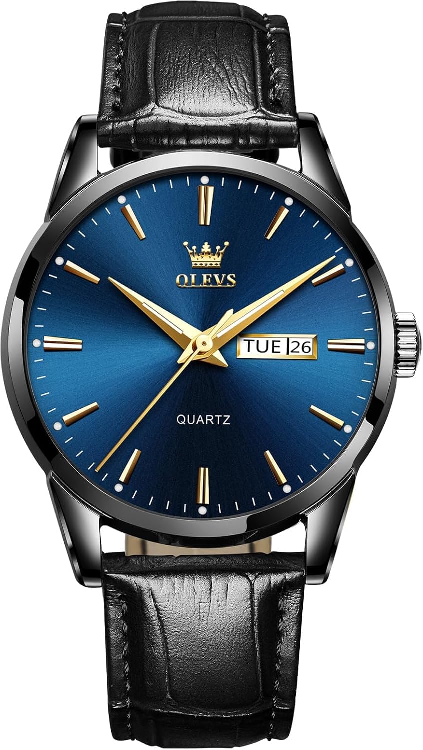 Men’s Casual Leather Watch, Easy to Read Three-Hand Analog Stainless Steel Watches for Men, Minimalist Day Date Waterproof Luminous Mens Quartz Wristwatch