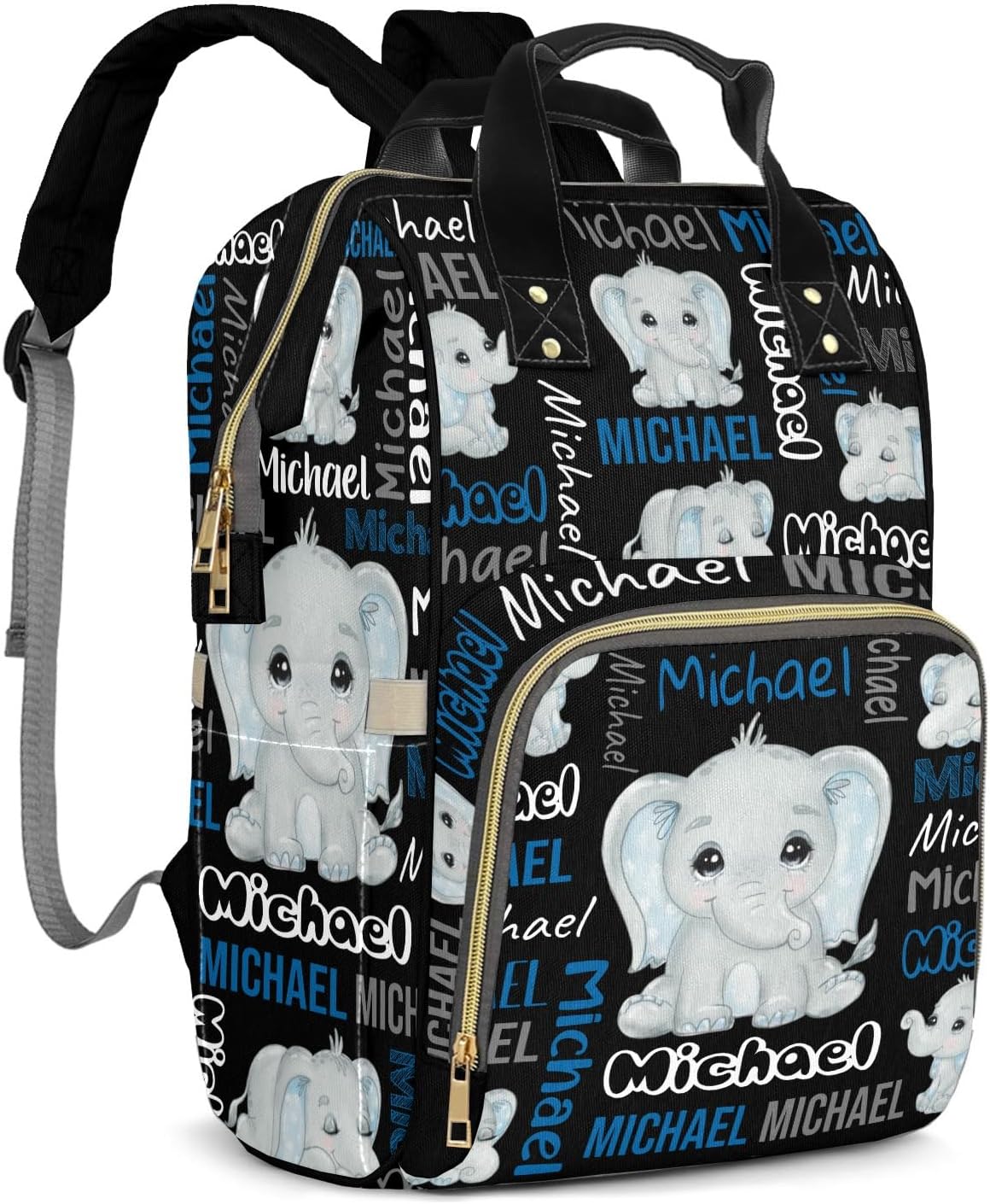 Cute Elephant Custom Baby Boy Diaper Bag Backpack - Multi-Function Personalized Name Nappy Backpack for Newborn Infant with Thermal Pockets, Mom Customized Nursing Bag Travel Daypack