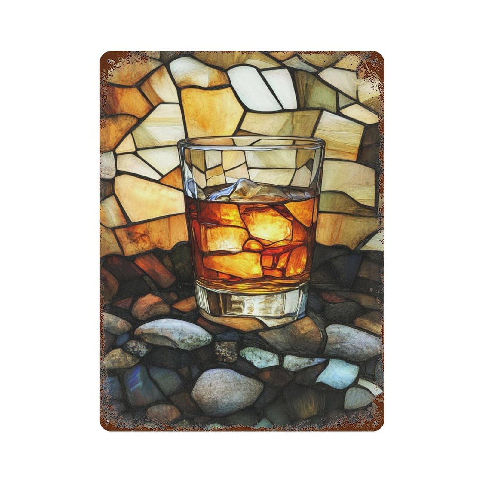 Whiskey Glass with Ice Stones Background Rusty Metal Tin Sign 15.7"x11.8", Old School Wall Decor for Garage, Pub Or Kitchen