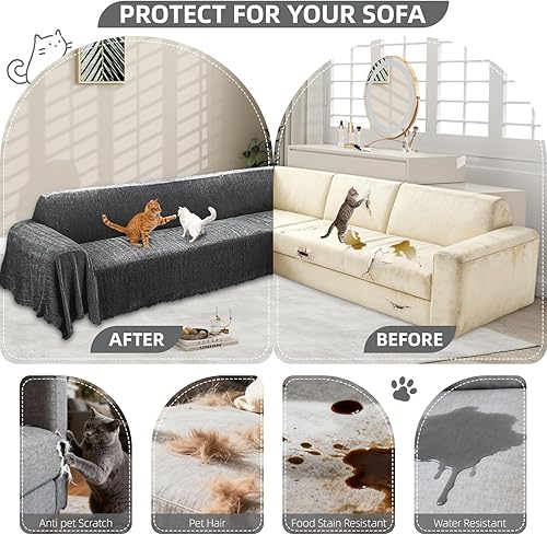 Miniatura 3 de Funda impermeable 10% para sofá modular esquinero en forma de L, de chenilla, con borlas, suave, gruesa, lavable, protector de muebles para perros y