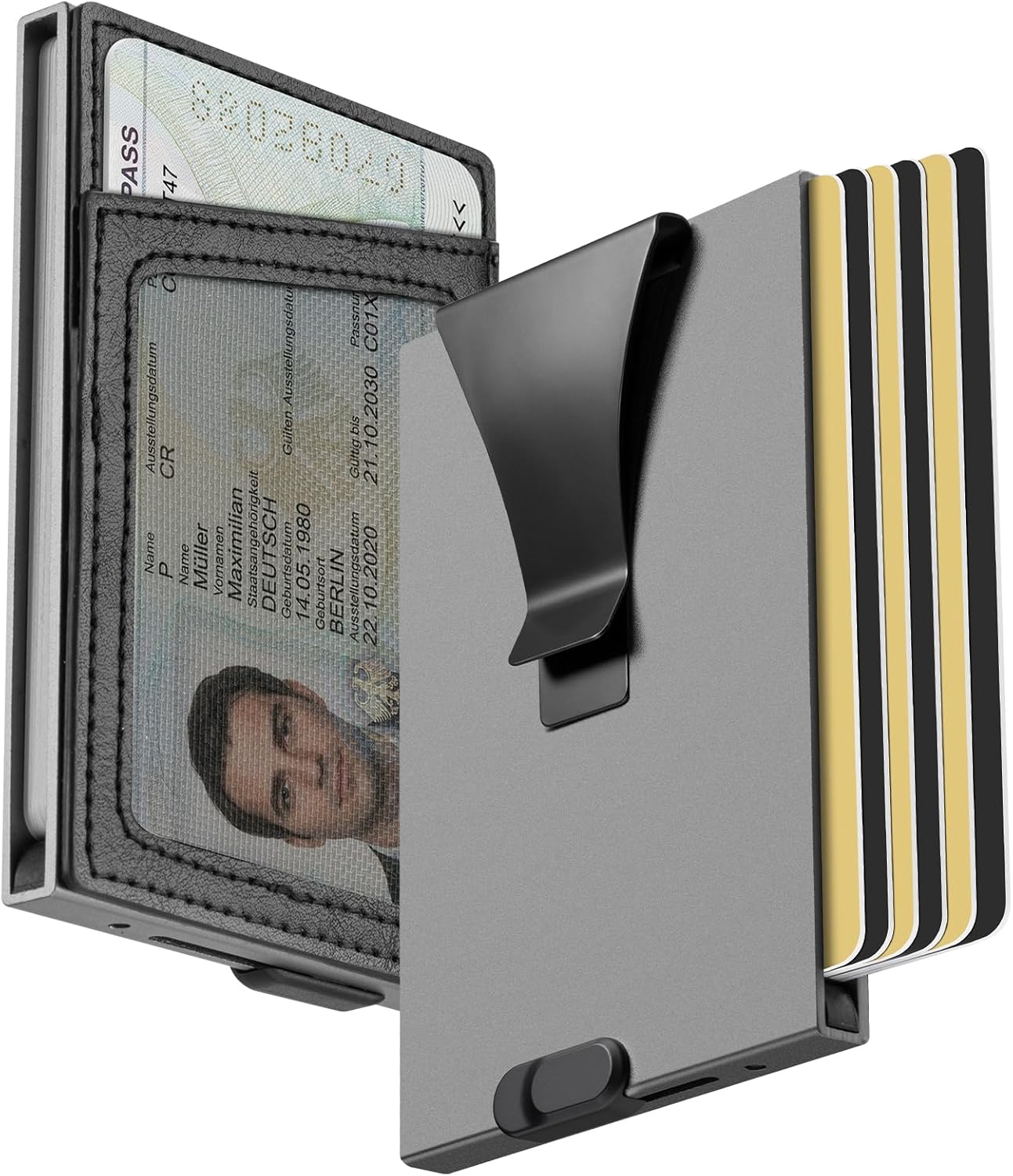 Slim Front Pocket Card Holder for Daily Commute & Travel, Minimalist RFID Blocking Mens Wallet for 4-6 Cards and 1 ID - Pop Up Wallet for Men with ID Window & Money Clip, Grey