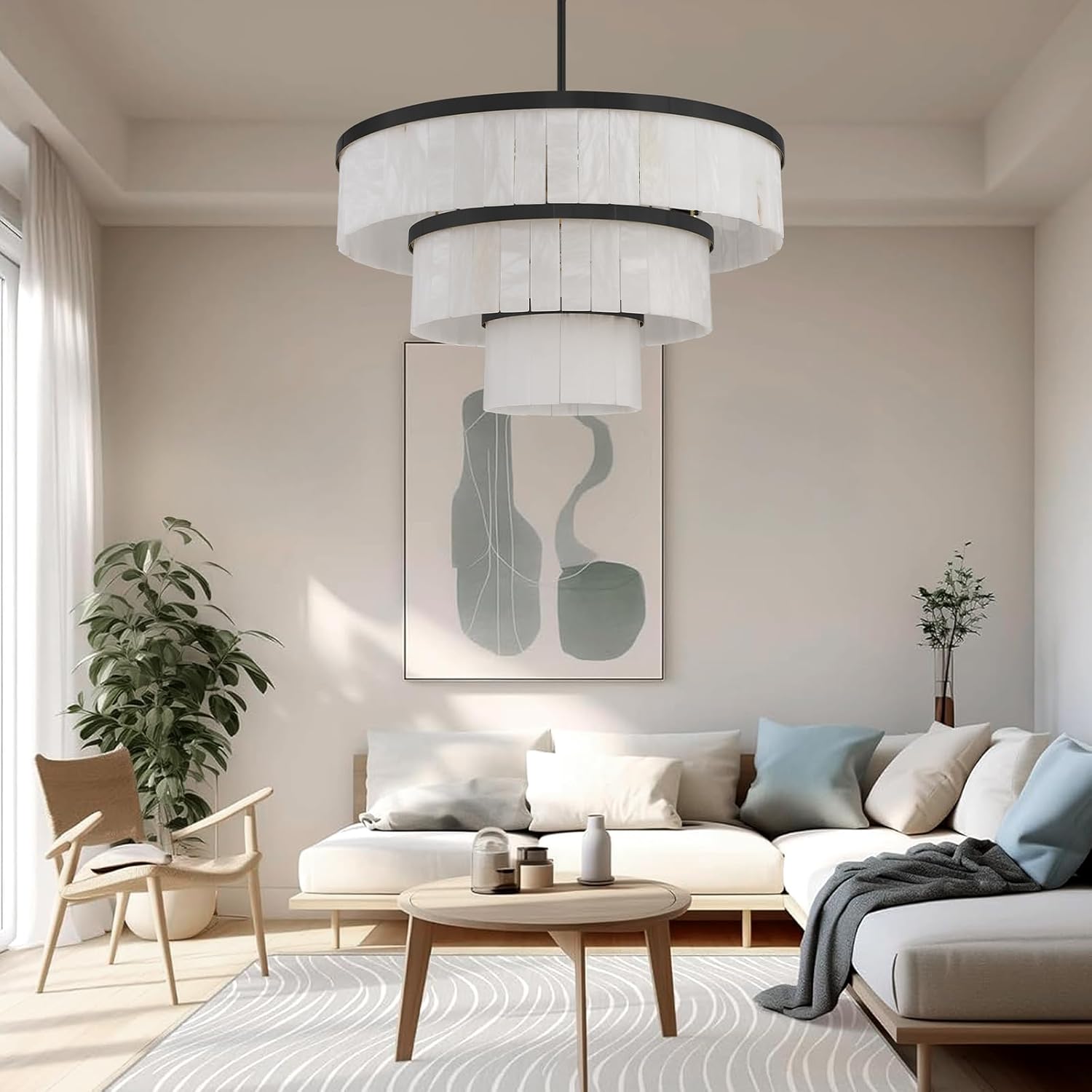 Round Alabaster Chandelier, 3 Tiers Black Marble Chandelier for Dining Room, D34 Modern Living Room Chandeliers Modern High Ceilings Chandeliers for Bedroom, Foyer, Entryway(Include 15 Bulbs) black-D34-round