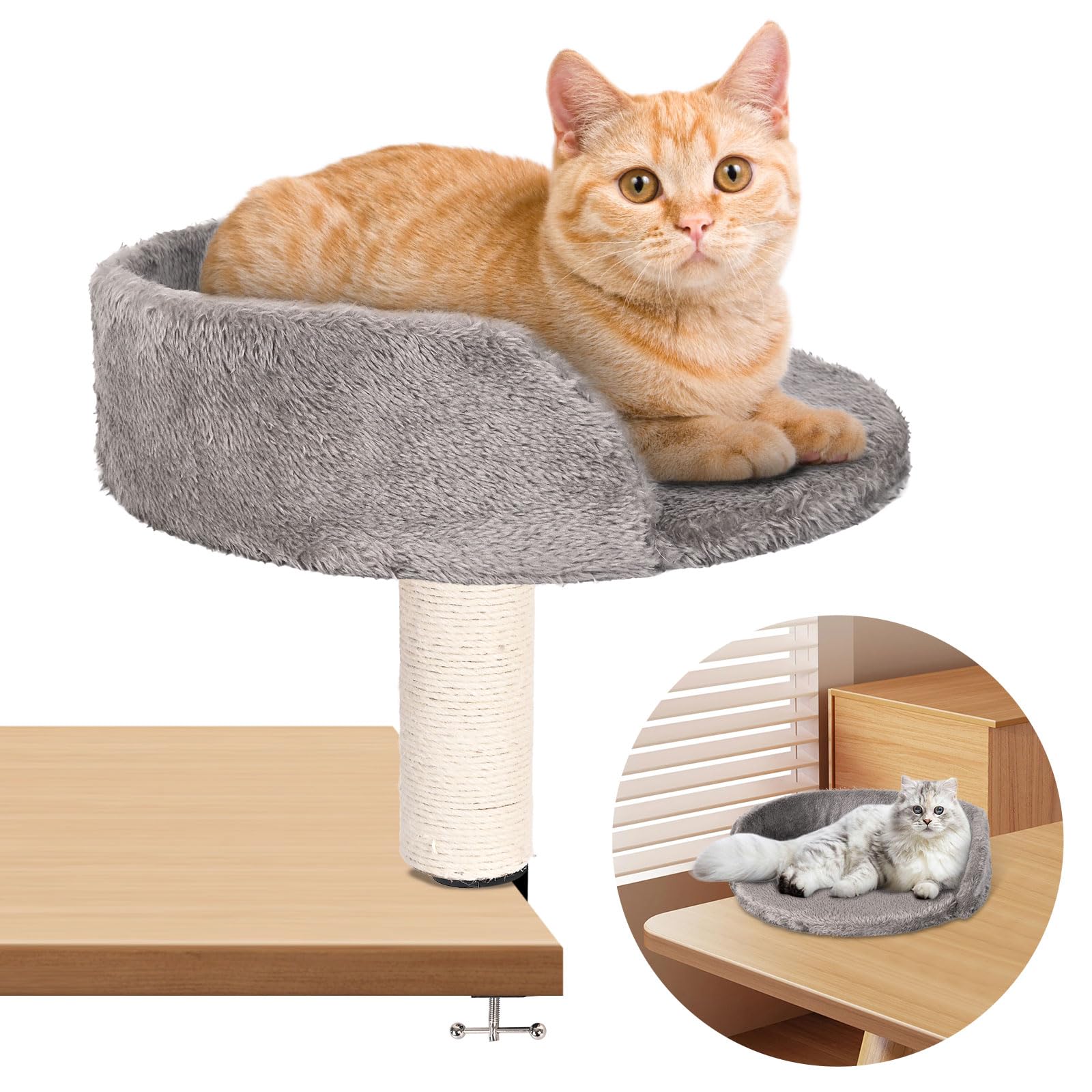 Hivexagon Katzen-Schreibtischbett mit Kratzsäule und weicher Plüschpolsterung. Ermöglicht Ihrer Katze, gemeinsam mit Ihnen zu Lernen und zu Arbeiten. Bis zu 4 kg belastbar