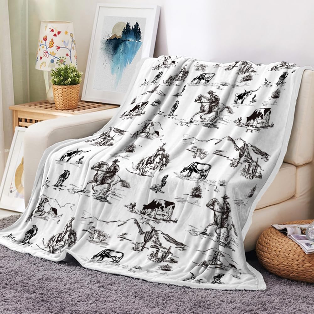Western Cowboy Throw Blankets, Wild West Cowboy Ride Horse Desert Cactus Cozy Warm Bed Couch Blanket, Farmhouse Country American West Theme White Fleece Flannel Throws Decorate the Room and Bedroom