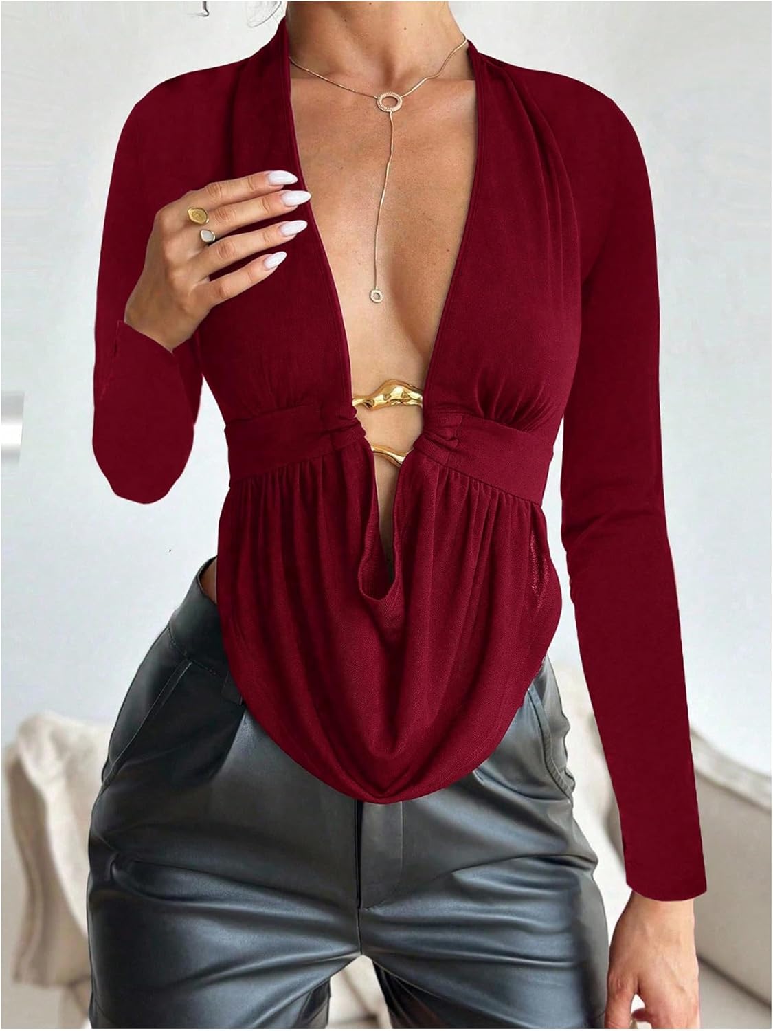 MakeMeChic Women's Y2k Deep V Neck Top Asymmetrical Cowl Neck Long Sleeve Going Out Tops T Shirt - Image 4