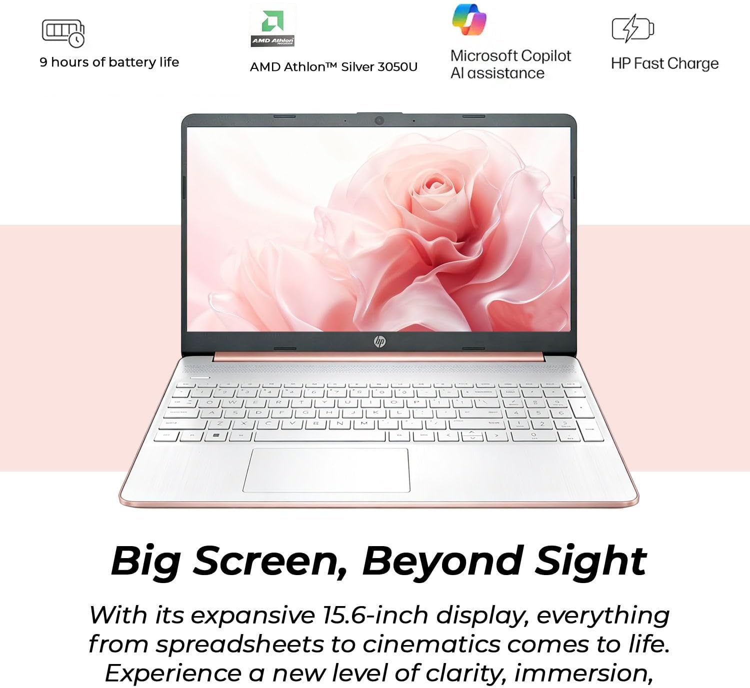 HP 2026 New 15.6" Rose Gold UltraBook Laptop, AMD High Performance CPU, 1.1TB Storage (1TB OneDrive + 128GB SSD), WiFi, Windows 11 Home with Office 365, Thin & Lightweight, Mouse & Sleeve Included