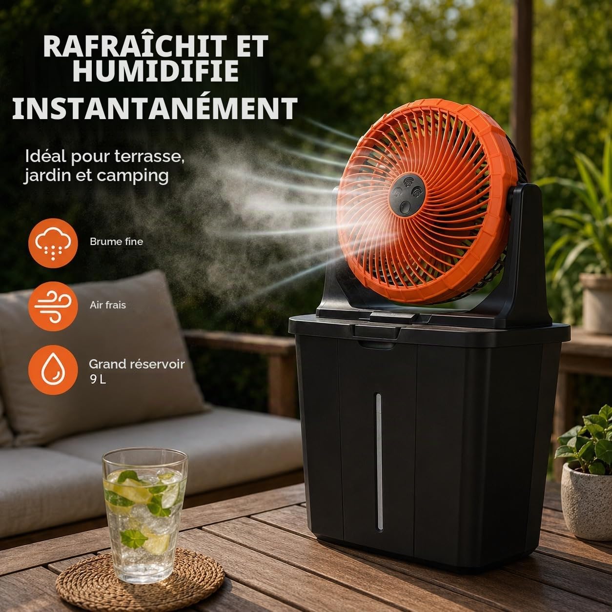 Ventilateur brumisateur rechargeable 10 W, réservoir de 9 L, 3 vitesses et 3 niveaux de brumisation, batterie rechargeable 16 000 mAh, USB-C, idéal pour la terrasse, le camping et la maison.