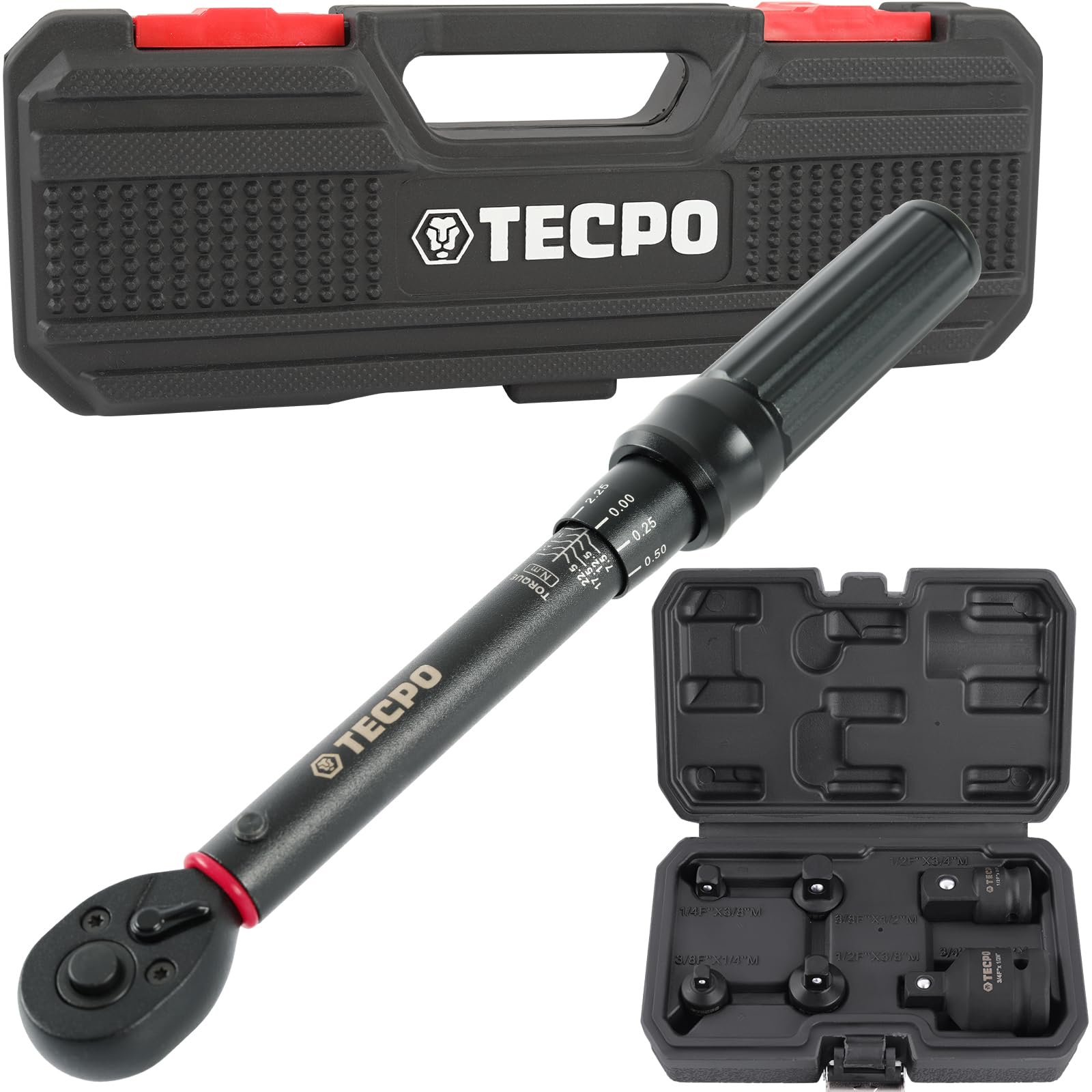 TECPO Llave dinamométrica de 1/4 pulgadas 5-25 Nm + juego de adaptadores de fuerza
