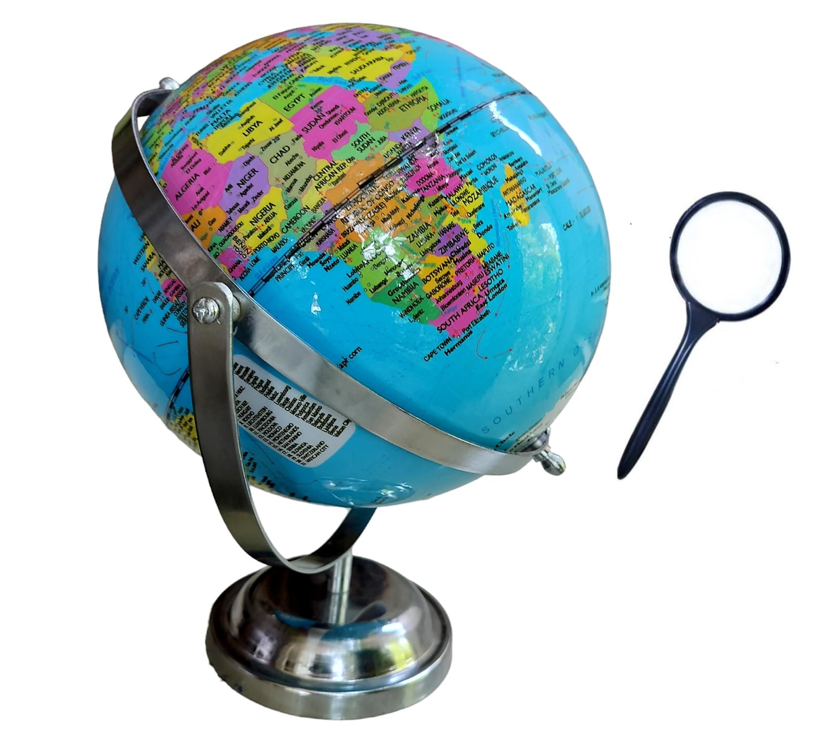 GeoKraft Globe 720° Swivels in All Directions, Metal Stand, 8 Inch Political/Decorative Desktop Decoration World Globe Map with Clear Text for Home, School, Office (Blue) with Magnifying glass