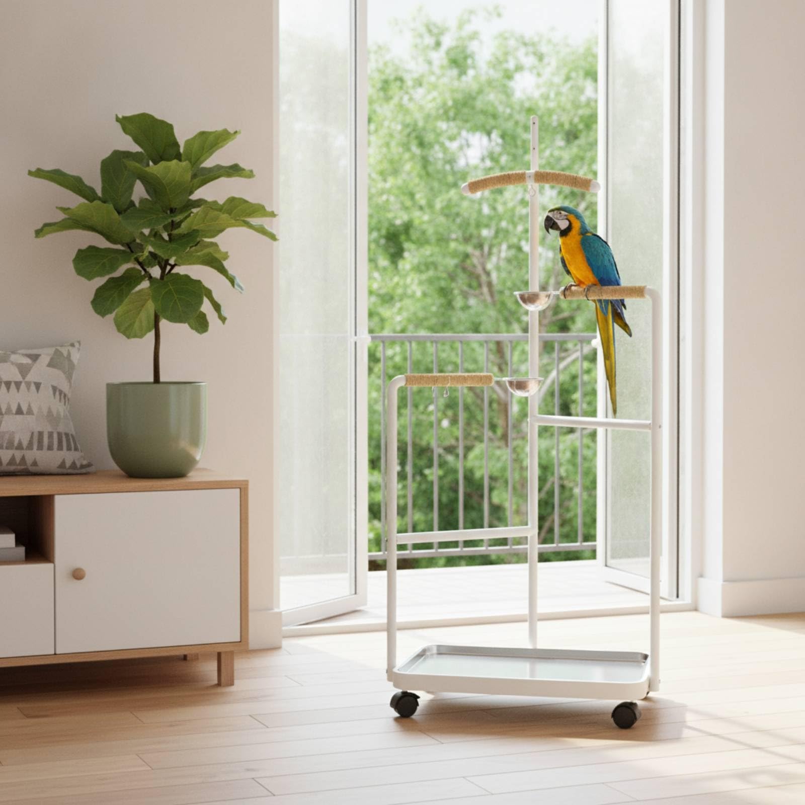Fácil Limpiar Percha Portátil para Loros, Blanco, Modelo Mejorado con Bebedero
