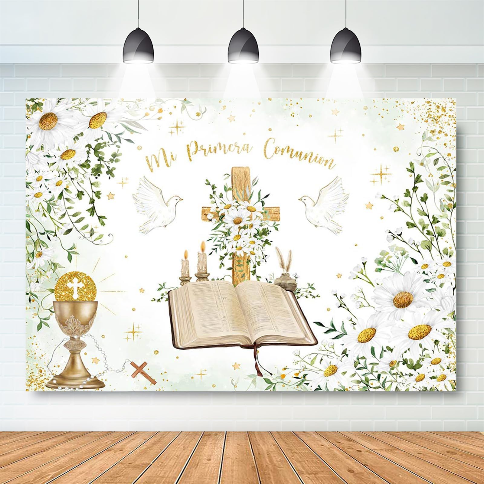 Mi Primera Comunion Backdrop First Holy Communion Baptism Party Decoration Gold Dots Daisy Christening God Bless Photography Background Banner Photo Booth Props (Gold, 7x5ft(82''x60''))