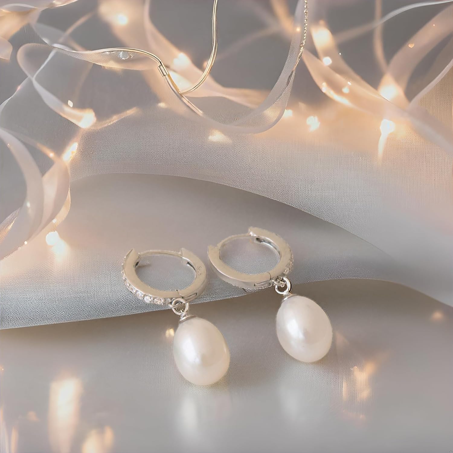 Handpicked Sterling Silver Huggie Drop Quality Freshwater Cultured Pearl Cubic Zirconia Earrings - Image 5