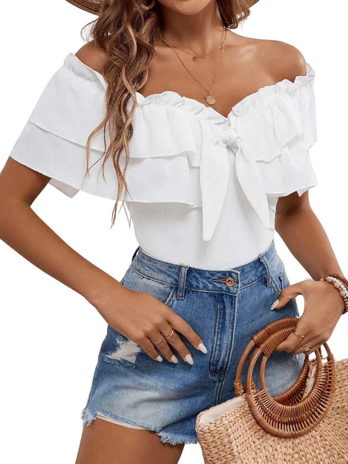 WDIRARA Women's Off Shoulder Frill Trim T Shirts Layered Ruffle Trim Tops - Image 5