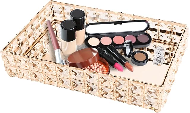 Perfume Tray, PowerKing Gold Rectangle Table Vanity Tray Mirror Cosmetic Tray Organiser for Living Room and Bathroom Table Accessories Organiser