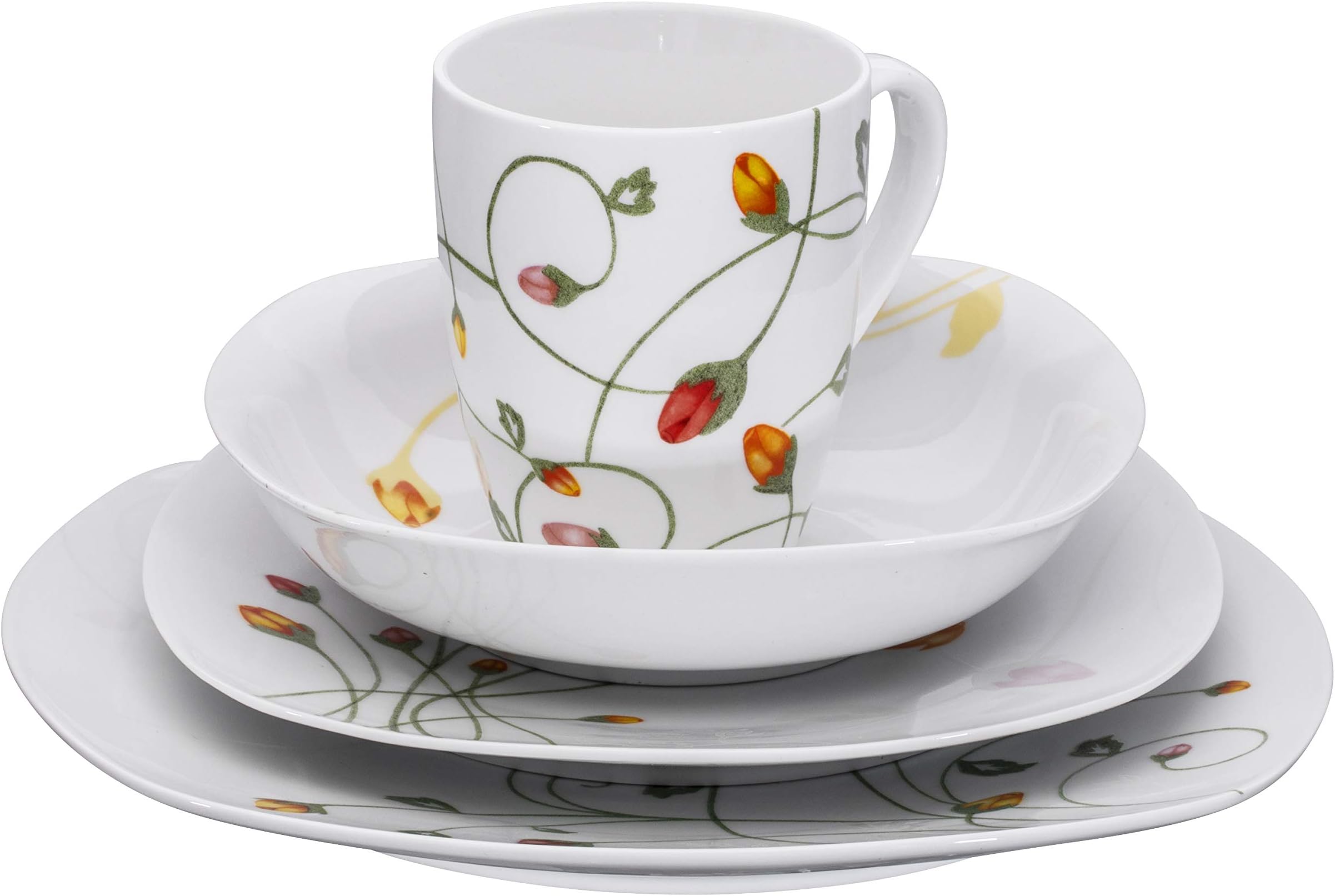 Francois et Mimi 16-Piece Classic Square Pure White High-Fire Porcelain Dinnerware Set, Floral