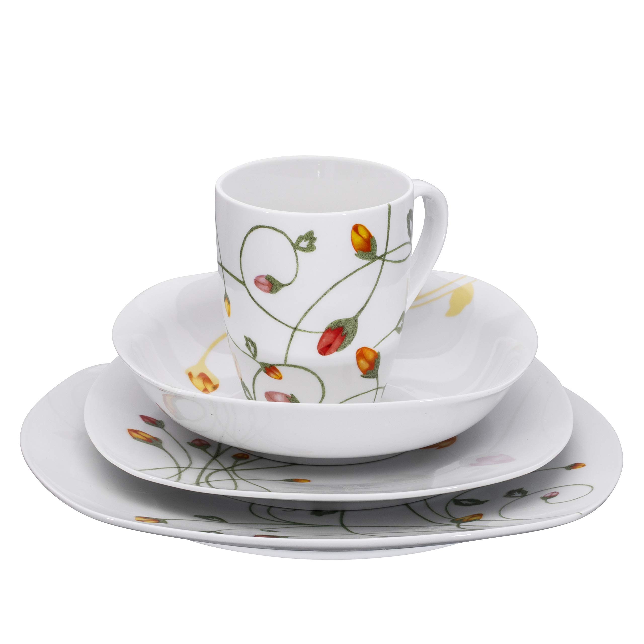 Francois et Mimi 16-Piece Classic Square Pure White High-Fire Porcelain Dinnerware Set, Floral