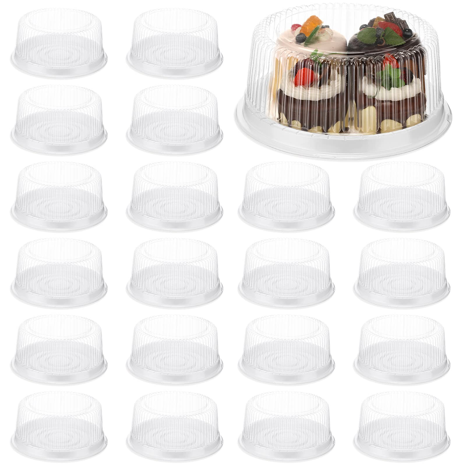 Photo 1 of 24 Pieces 8 Inch Disposable Cake Containers with Lids Plastic Serving Tray Clear Platters with Clear Lids Round Disposable Cake Holder for Storing Party Takeout Food Catering Display (White)