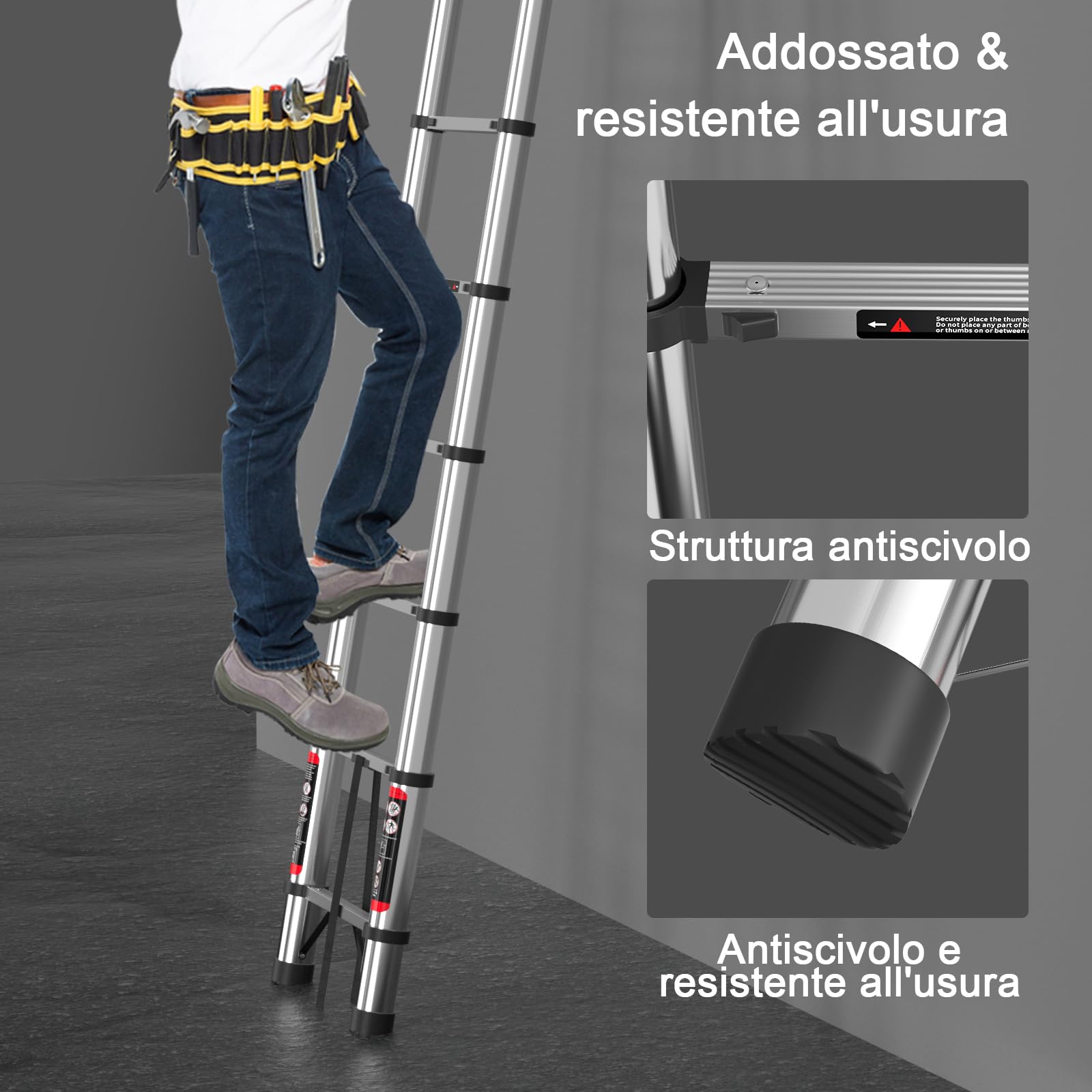 Scala Telescopica 5 Metri con Gancio, Scala Pieghevole Portatile con Piedini Antiscivolo, Estensibile & Altezza Regolabili, Scale Allungabile per Casa, Giardino, Coperture e Camper