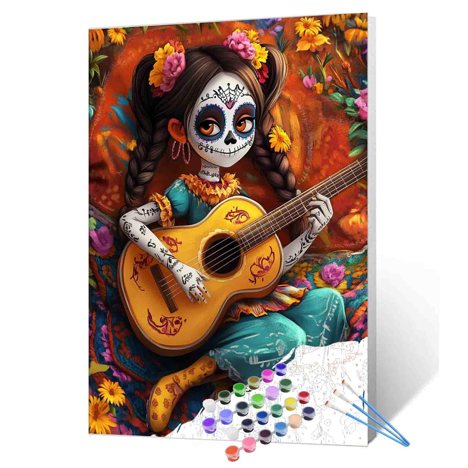 Girl Playing Guitar Paint by Numbers Day of The Dead Girl DIY Painting by Number on Canvas with Brushes and Acrylic Pigment Easy to Paint DIY Paintwork Home Wall Decor Gift 16x20 Inch (Frameless）