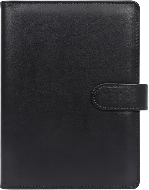 Simpolor A5 Binder,PU Leather Budget Binder,Refillable 6 Ring Notebook Binder Cover for A5 Filler Paper Loose Leaf Organiser with Card Holder & Pocket & Pen Holder Loop & Magnetic Buckle Closure Black