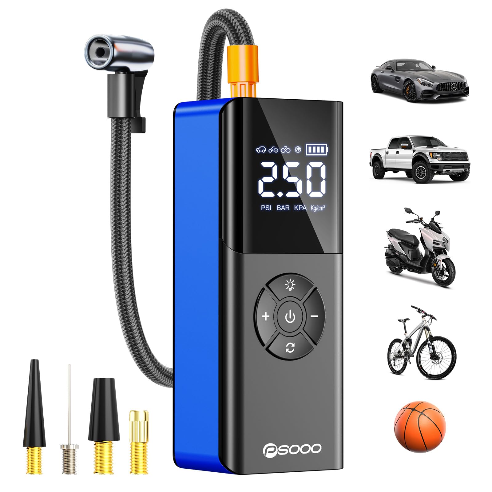 PSOOO Tyre Inflator Air Compressor 160 PSI Portable USB Rechargeable Cordless Pump with Digital Pressure Gauge LED Light, Auto Shut-Off, Fast Inflation for Car Motorcycle Bicycle Bike Ball (Blue)