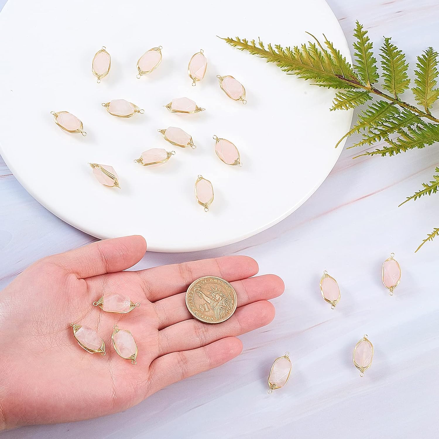 LiQunSweet 20 Pcs Natural Rose Quartz Crystal Gemstone Links Connectors Faceted Undyed Column Golden Plated Charms for Jewelry Making - 22.5~32mm