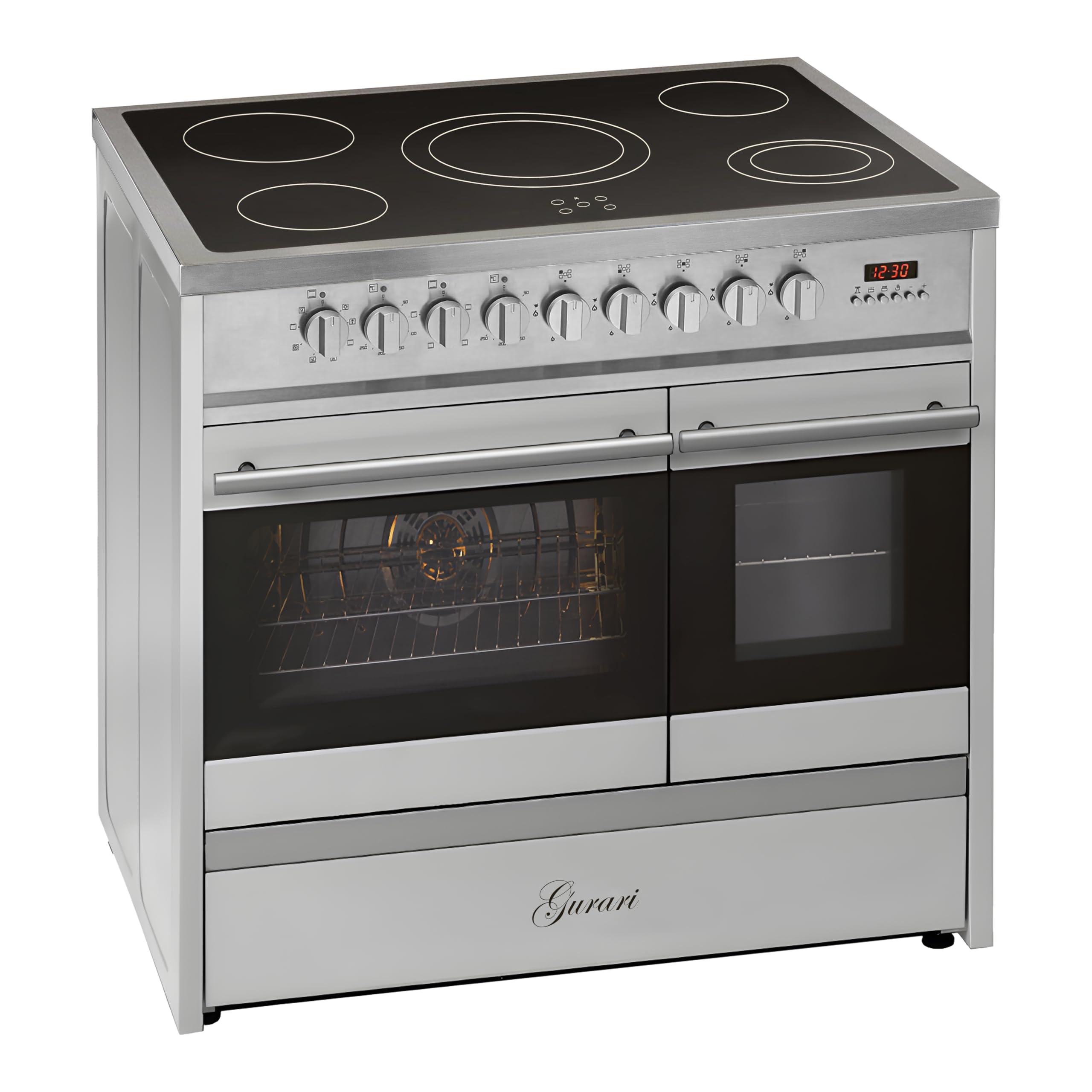 GURARI Cucina Elettrica GCH E 912 DF X Cucina 90 cm a Libera Installazione in Acciaio Inox con Doppio Forno e Piano Cottura in Vetroceramica a 5 Zone Hi-Light, Classe Energetica A, Design - Moderno