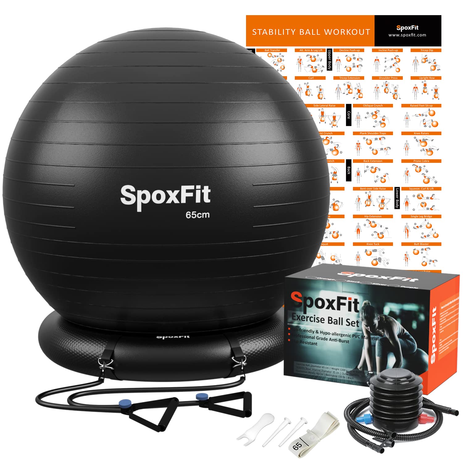 Exercise Ball, 65cm Anti-Burst Yoga Ball, Stability Fitness Ball for Birthing & Core Strength Training, Includes Quick Pump & Workout Poster