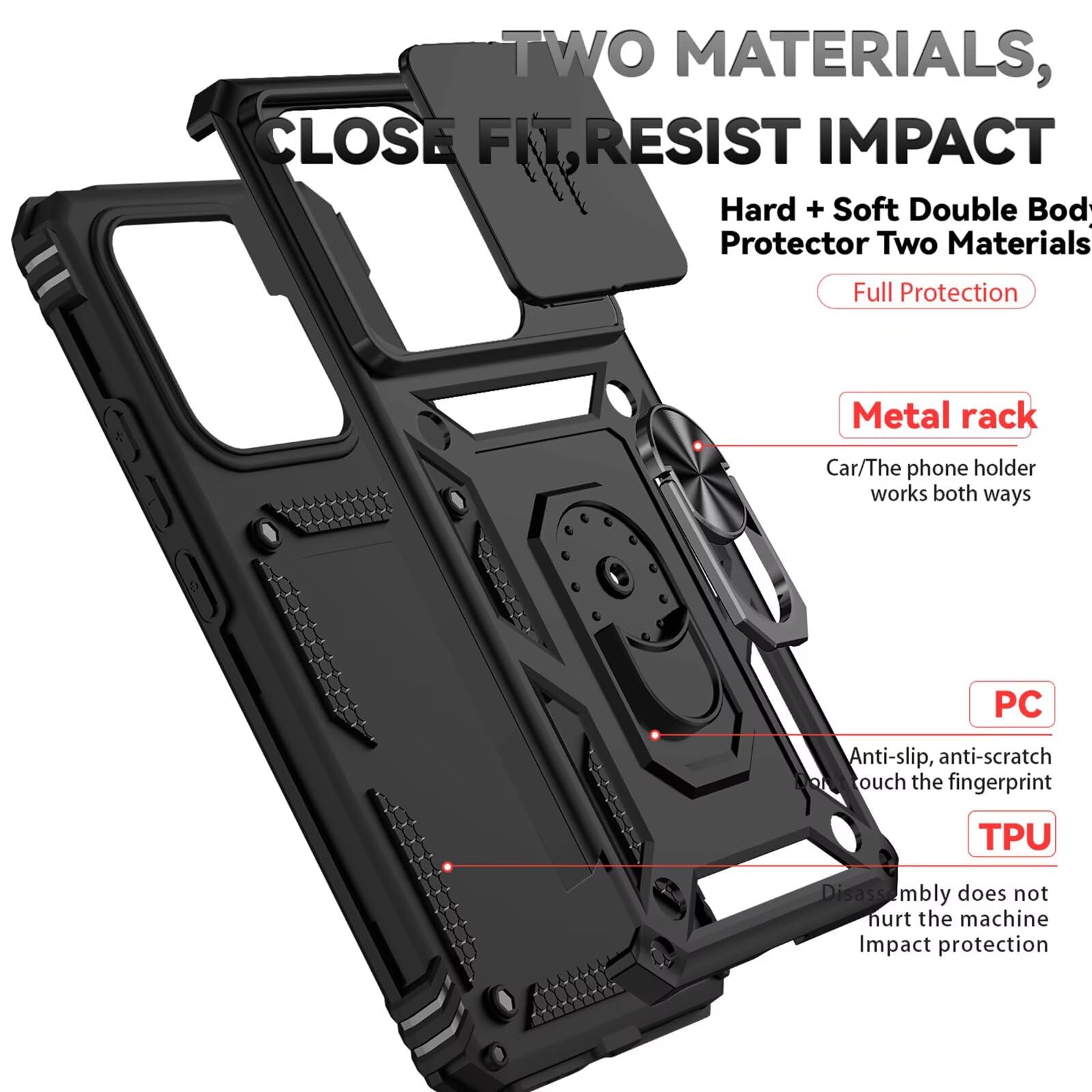 Cover Per Xiaomi Redmi 14C Con Vetro Temperato E Anello Rotante – Custodia Scorrevole Con Protezione Fotocamera Antiurto | Nero, 2 Vetri Inclusi