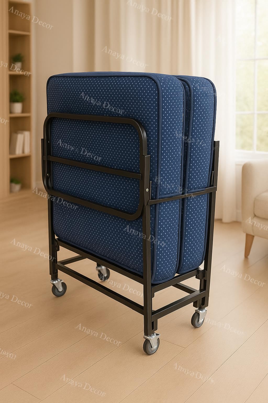 Rollaway Folding Single Bed with 6-Inch Luxury Foam Mattress from Anaya Enterprises | Heavy-Duty Metal Frame | Lockable Wheels | Portable & Space-Saving Design (with Blue Mattress)-picture-10