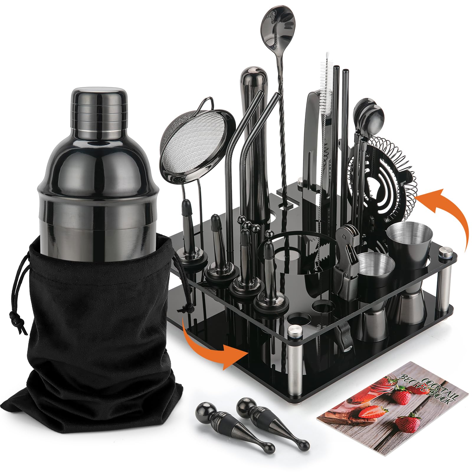 KINGROW Mixology - Set di shaker per cocktail, kit completo da 29 pezzi per barista e strumenti da bar con supporto rotante in acrilico, set professionale da bar per mescolare bevande, casa, bar,