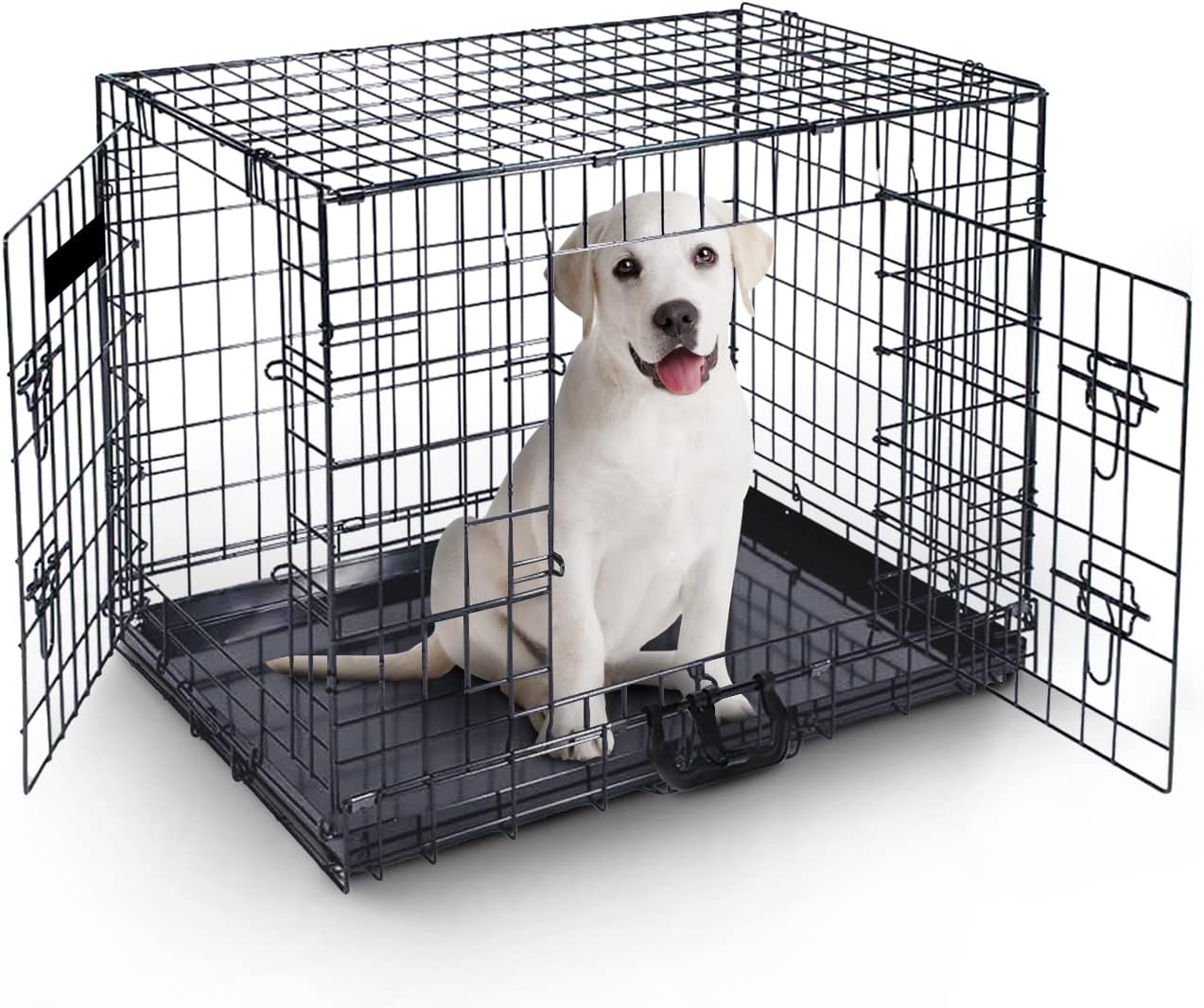 FurDreams 30" Folding Dog Crate for Medium Dogs - Heavy-Duty Black Metal Cage with Front & Side Doors, Chew-Resistant Plastic Tray & Carry Handle, Quick Setup (76 × 46 × 53 cm)