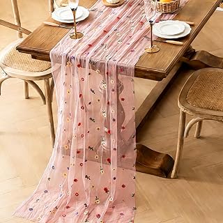 Embroidery Table Runner 9.8ft Floral Embroidered Lace Tulle Runner Colorful Flower Table Cover for Bridal Shower Birthday Party Wedding Arch Veil Restaurant Decoration (Pink, 28" x 120")