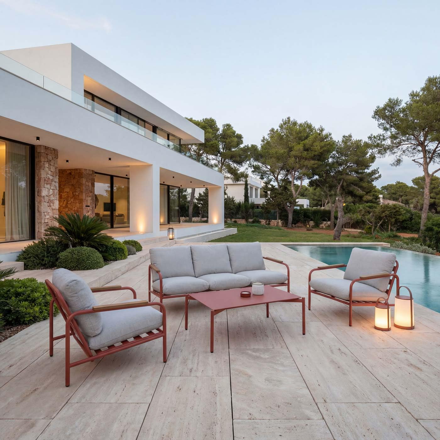 Mendler Aluminium-Gartengarnitur HWC-O11, Outdoor 3-Sitzer Sitzbank Sessel Sofa, Olefin (205 g/m²) - terrakotta Polster beige