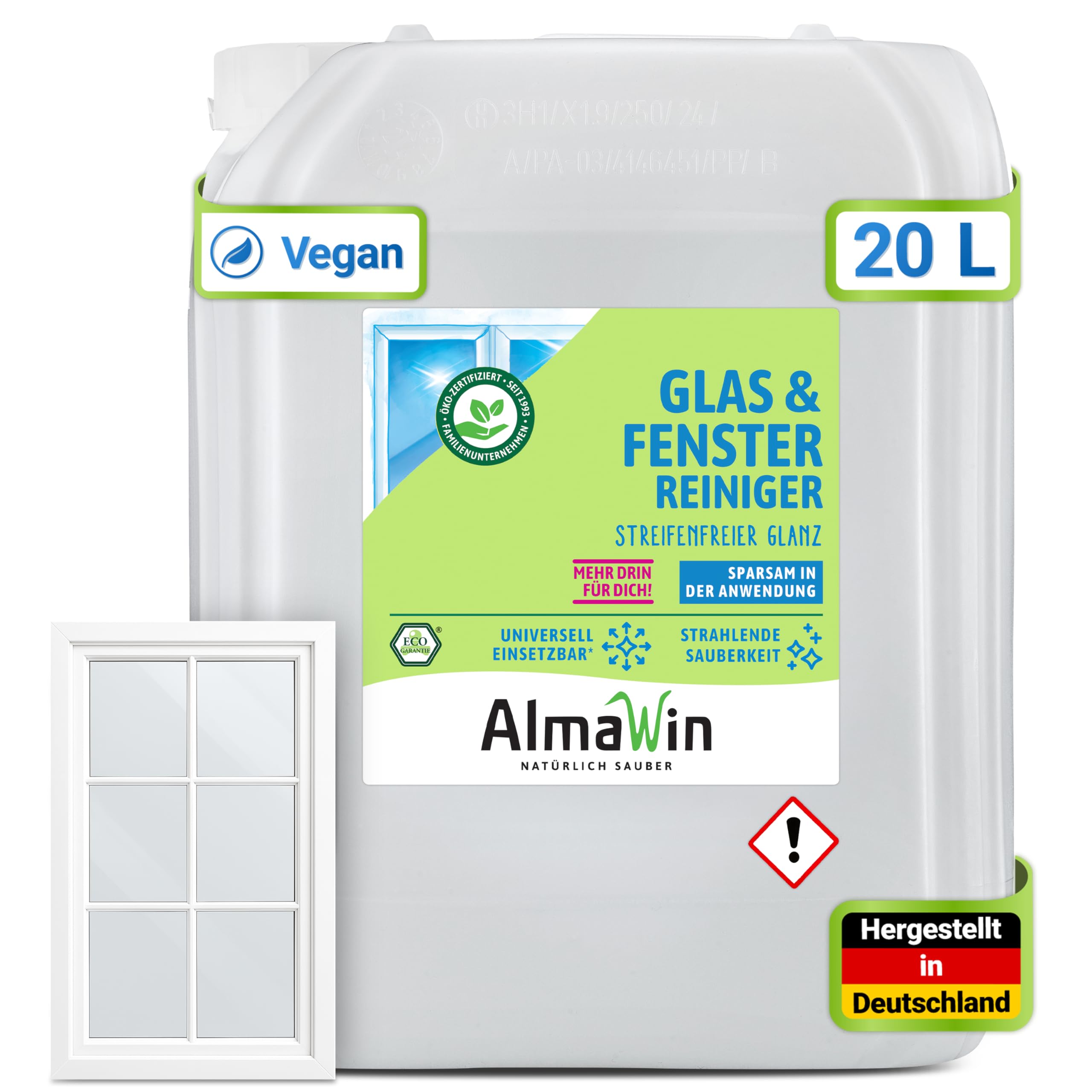 AlmaWin® Glas & Fenster Reiniger [20L] für streifenfreien Glanz - Glasreiniger ideal für Fenster, Spiegel, Auto & Mehr - Glas & Fensterreiniger Spray, Glass Cleaner - 100% Natürlich & VEGAN