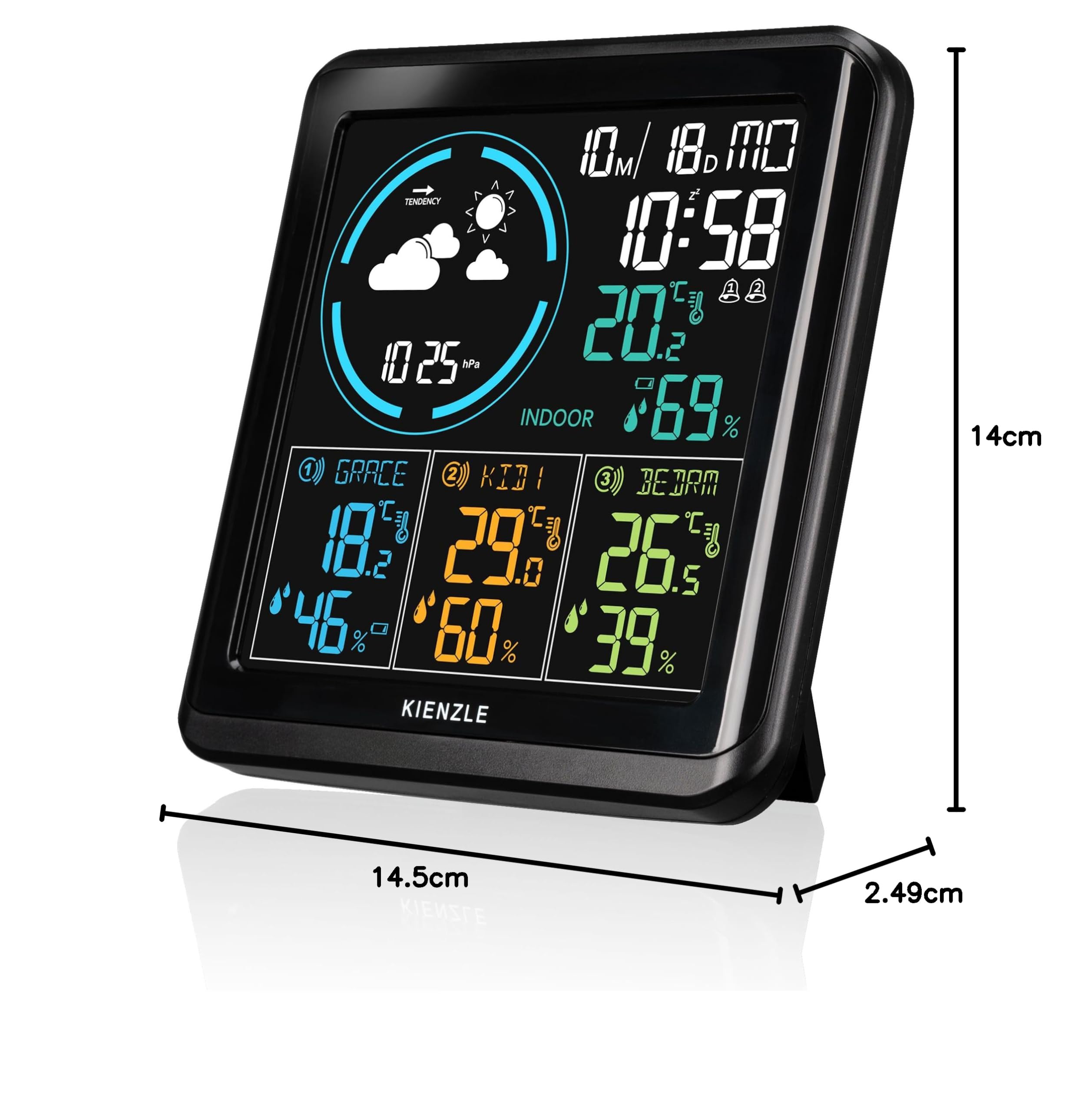 Kienzle Wetterstation Funk mit 3 Außensensoren, Farbdisplay | Temperatur, Luftfeuchtigkeit, Wettervorhersage, Luftdruck Trend, 4 Messbereiche, DCF Uhr, 2 Weckzeiten