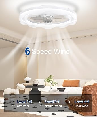 JAYNLT Ceiling Fans with Lights and Remote, 20 Black Low Profile Dimmable LED Fan 3000K-6500K, APP Remote Control 6 Wind Speeds Fandelier Flush Mount Modern Ceiling Fans for Bedroom（Voltage100–240V）