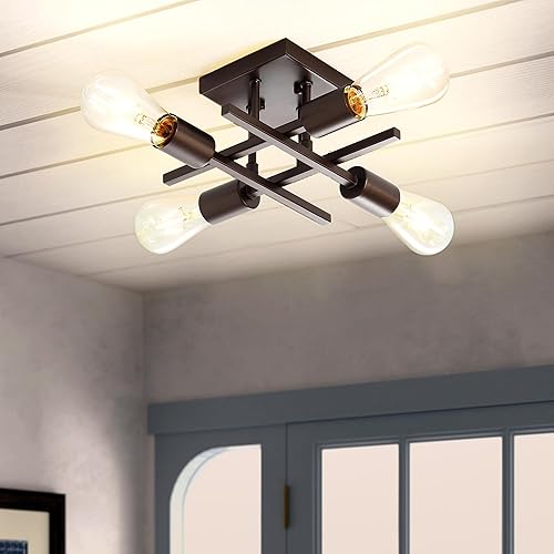 Miniatura 8 de Lámpara industrial de techo semiempotrada de 4 luces, moderna lámpara de araña de bronce aceitado, lámpara de techo Sputnik de granja con base de