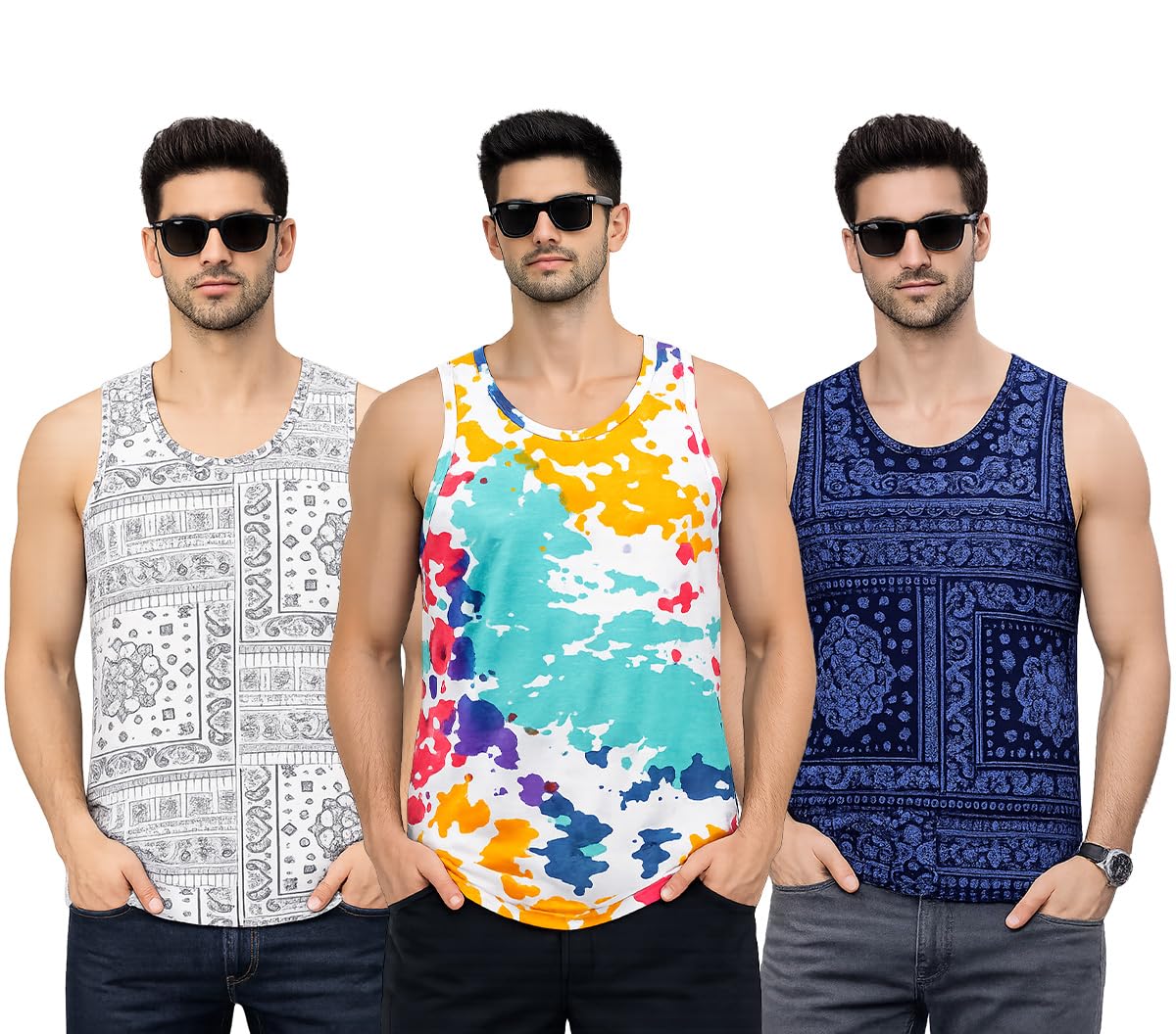 veirdo Men’s Sleeveless Cotton T-Shirt,Over Printed Sando for Beach Wear, Casual Wear & Summer Comfort, Comfortable Fabric (Sizes S to 2XL) (Pack of 3)-picture-22