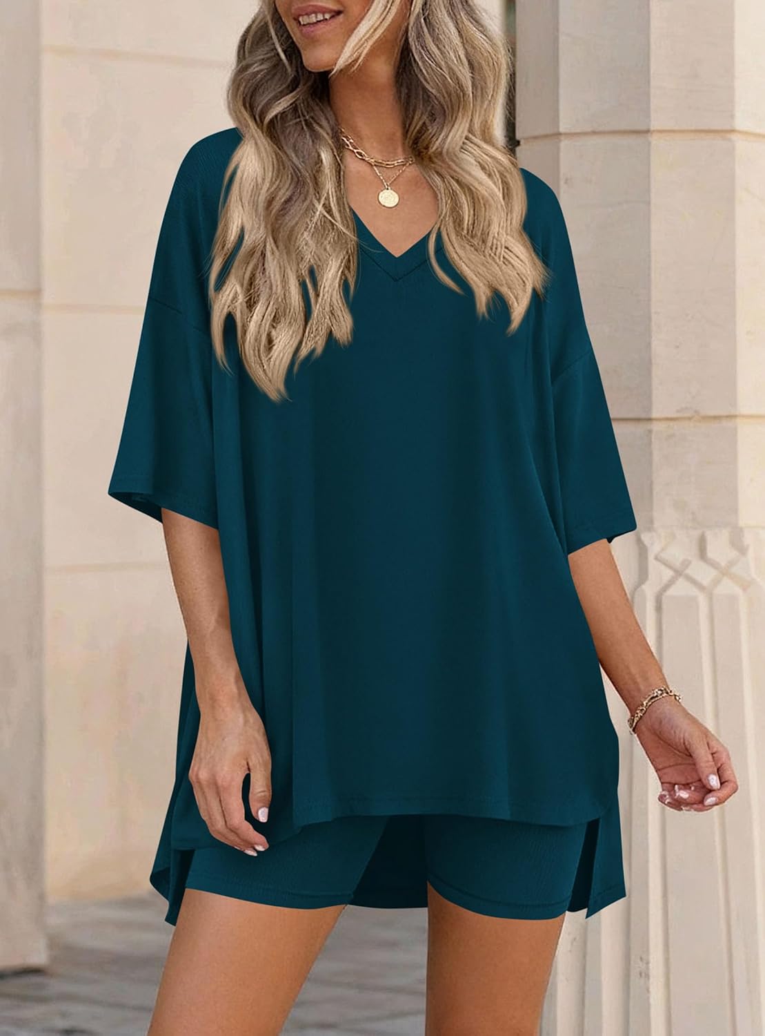 PRETTYGARDEN 2 Piece Sets for Women Summer 2026 Lounge Short Set Spring Matching Biker Shorts V Neck Oversized Shirt Clothing