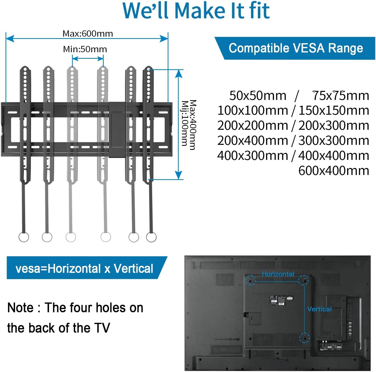 Fozimoa Tilt TV Wall Mount Bracket for Most 32-86 Inch LED, LCD, OLED, Plasma Flat Curved Screen TVs with vesa 600x400mm and Holds up to 165lbs, Low Profile and Space Saving, Fits 8",16",18",24"Studs