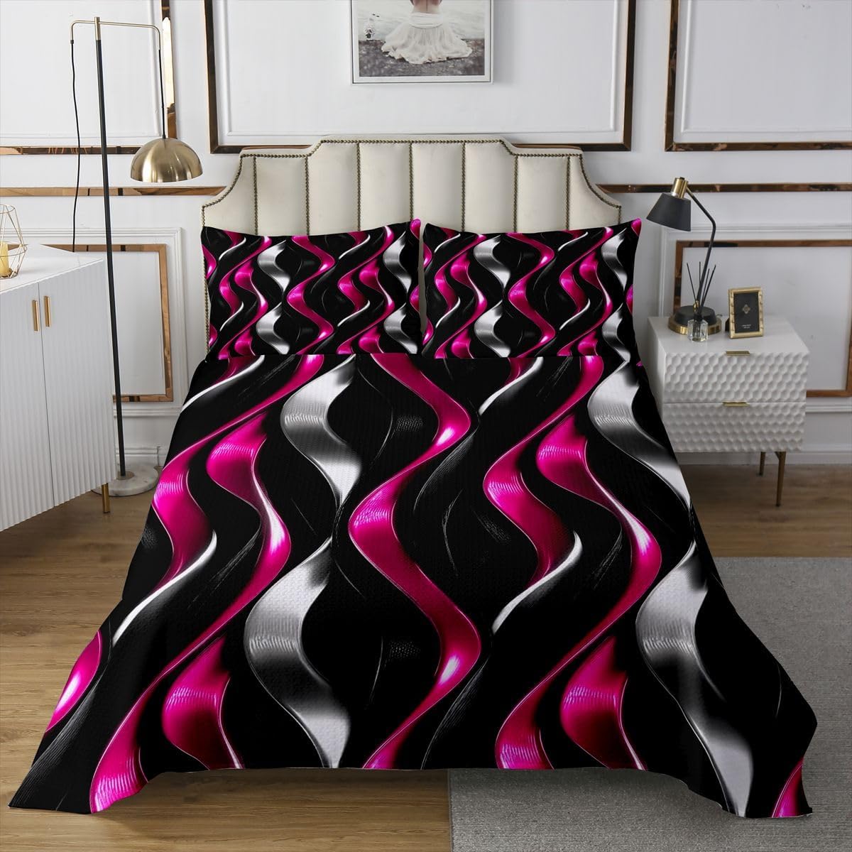jejeloiu Striped Bedspread Quilts Modern Abstract Geometric Texture Coverlet Set Twin Size for Kids Boys Girls Black Pink Silver Quilted Coverlet for All Season with 1 Pillowcase Microfiber