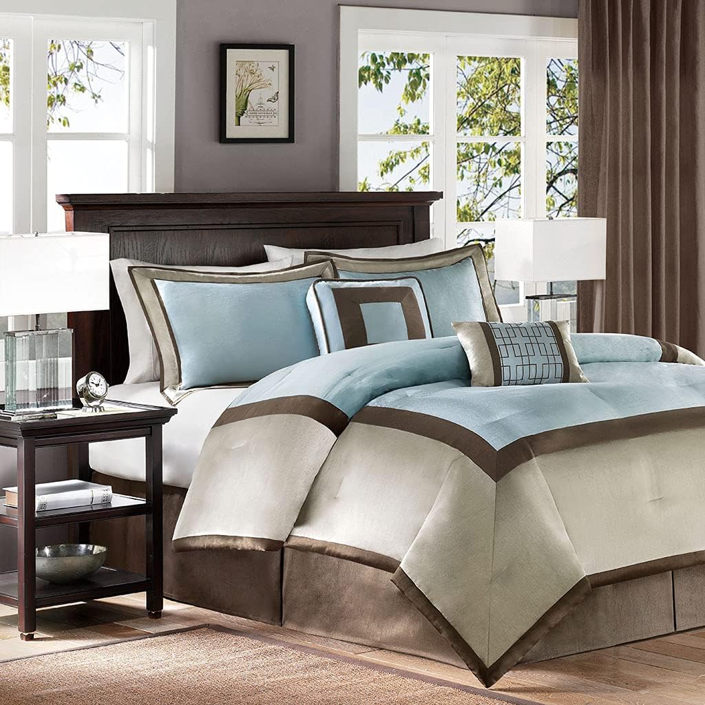 Revitalize Your Bedroom with 7 Piece King Comforter Set, Neutral Color Palette with Blue Accents, Includes Decorative Pillows and Bedskirt