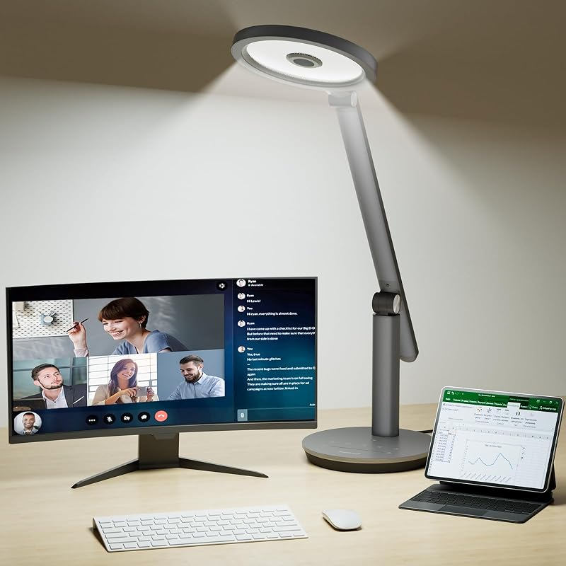 Lámpara de escritorio Honeywell H6 para oficina en casa, luz de mesa de lectura regulable, gris | Sunturalux CRI≥97, RG0 Luz azul baja, sin parpadeo, 800 lm regulable con temporizador para cámara web, estudio, oficina y dormitorio