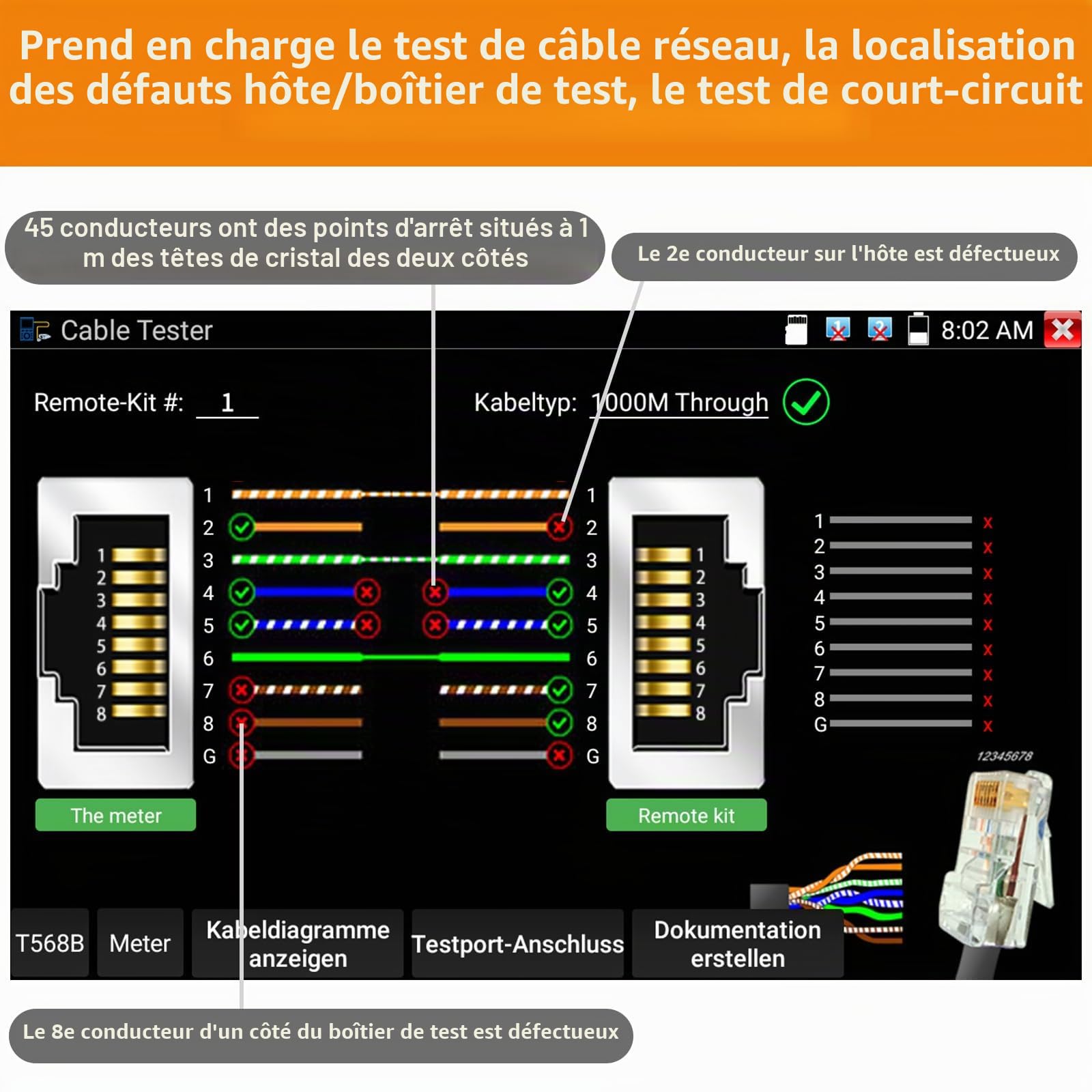 Henkion Testeur de câble réseau pour testeur de caméra de vidéosurveillance, kit à distance, testeur de câble réseau, n° 255, accessoires de câble, détection de câble réseau RJ45 pour testeur de CCTV