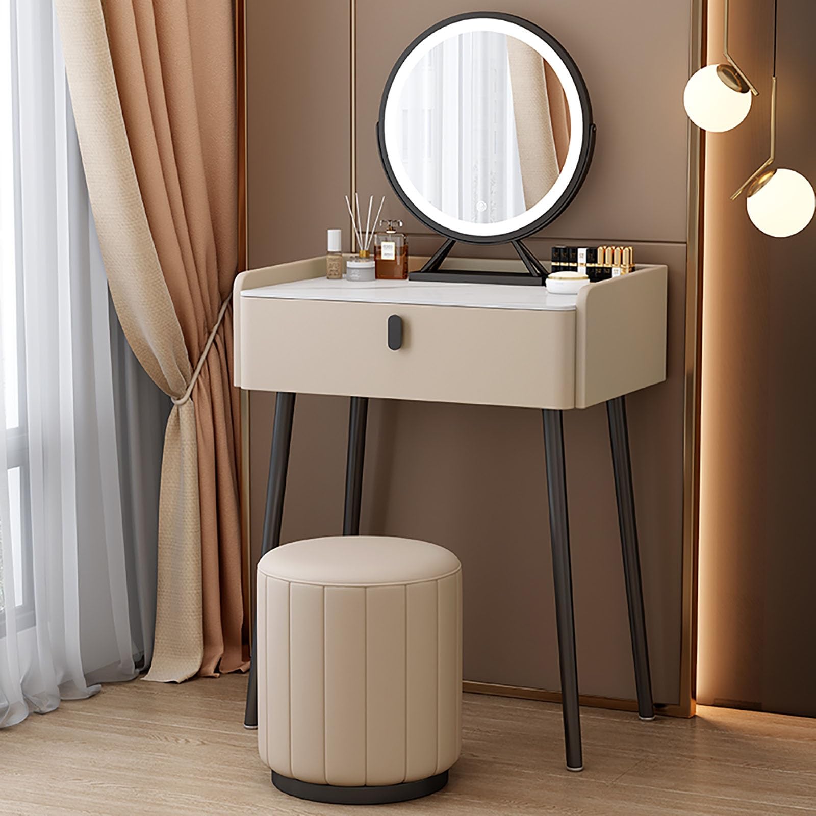asdchZen Champagne Makeup Vanity Desk Set With Led Lighted Mirror & Cushioned Stool-Stylish Dressing Table For Bedroom & Studio, 23.6In/60Cm,Champagne-27.5in/70cm