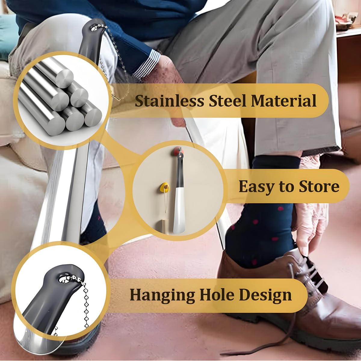 Calzador Zapatos Largo 30 cm Acero Inoxidable, Shoe Horn Metal Ergonómico con Cuerda